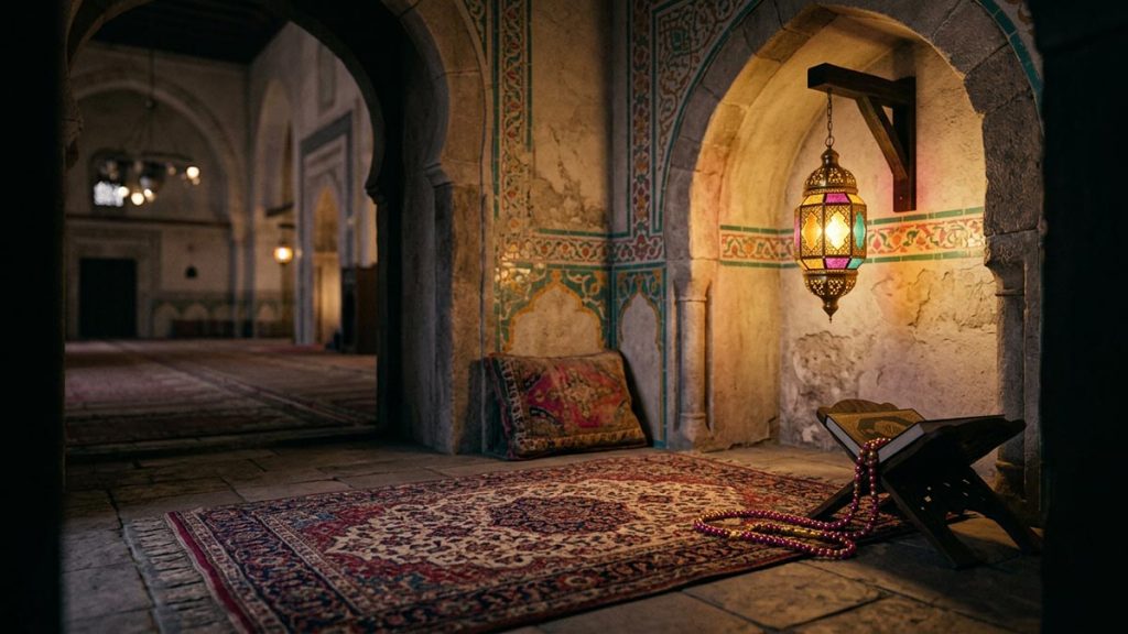 A tranquil mosque corner with a prayer rug and hanging lamp, softly lit and empty, reflecting Astaghfirullah.