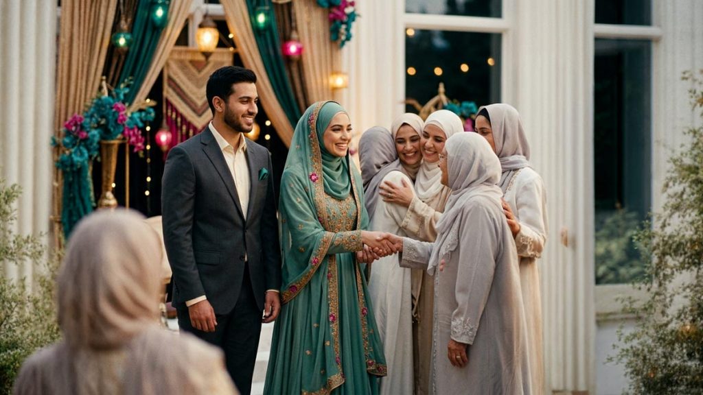 A newly married Muslim couple being warmly congratulated, standing together and smiling in modest elegant attire, illustrating Barakallahu Lakuma.