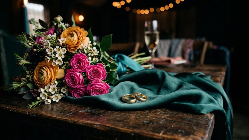 A still life of two simple wedding rings, fresh flowers and a folded silk cloth on a table, reflecting the meaning of Barakallahu Lakuma.