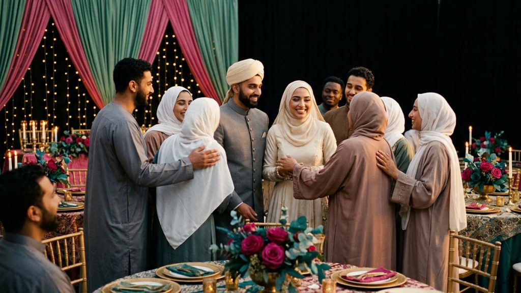 A Muslim bride and groom being warmly congratulated by loved ones at their walima feast, a visual for Barakallahu Lakuma.