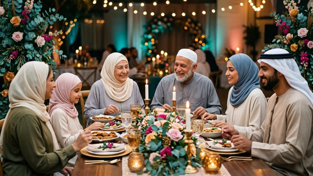 Guests sharing a festive wedding meal at a beautifully decorated table, smiling and content, capturing the spirit of Barakallahu Lakuma.