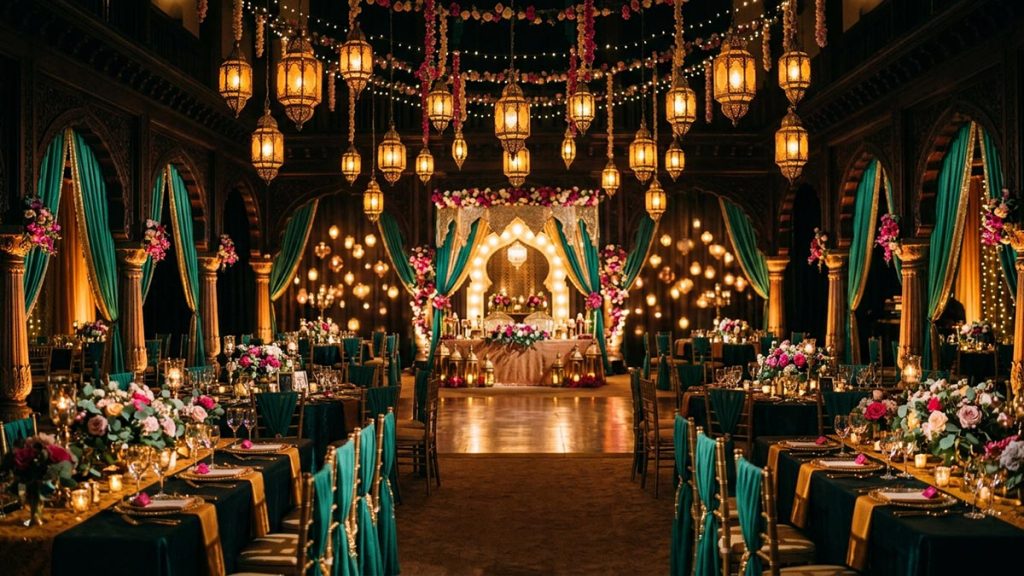 An ornate wedding hall softly lit with lanterns and flowers, elegant and empty, reflecting Barakallahu Lakuma.