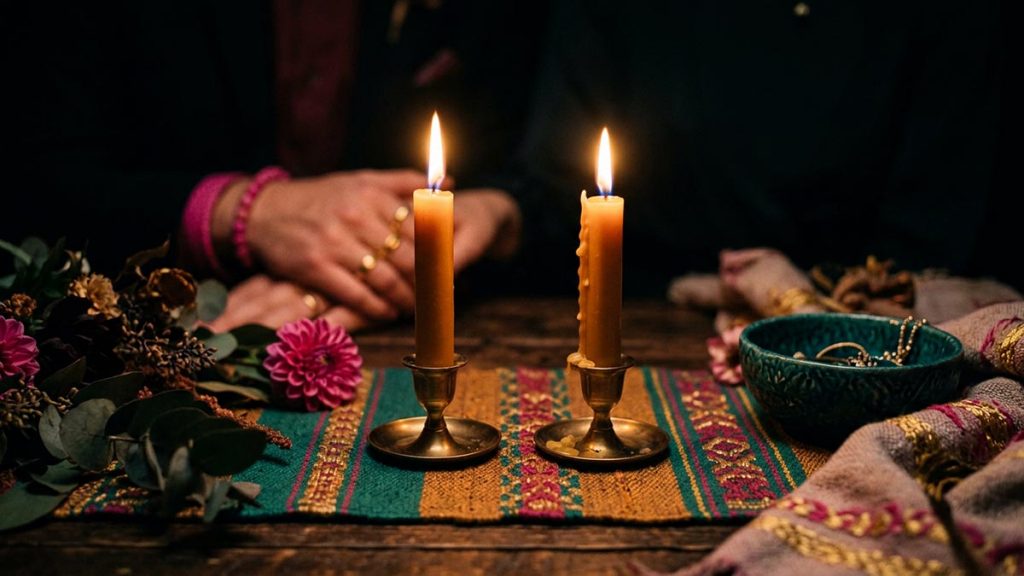 Two candles glowing warmly side by side, symbolising a union blessed together, evoking the meaning of Barakallahu Lakuma.