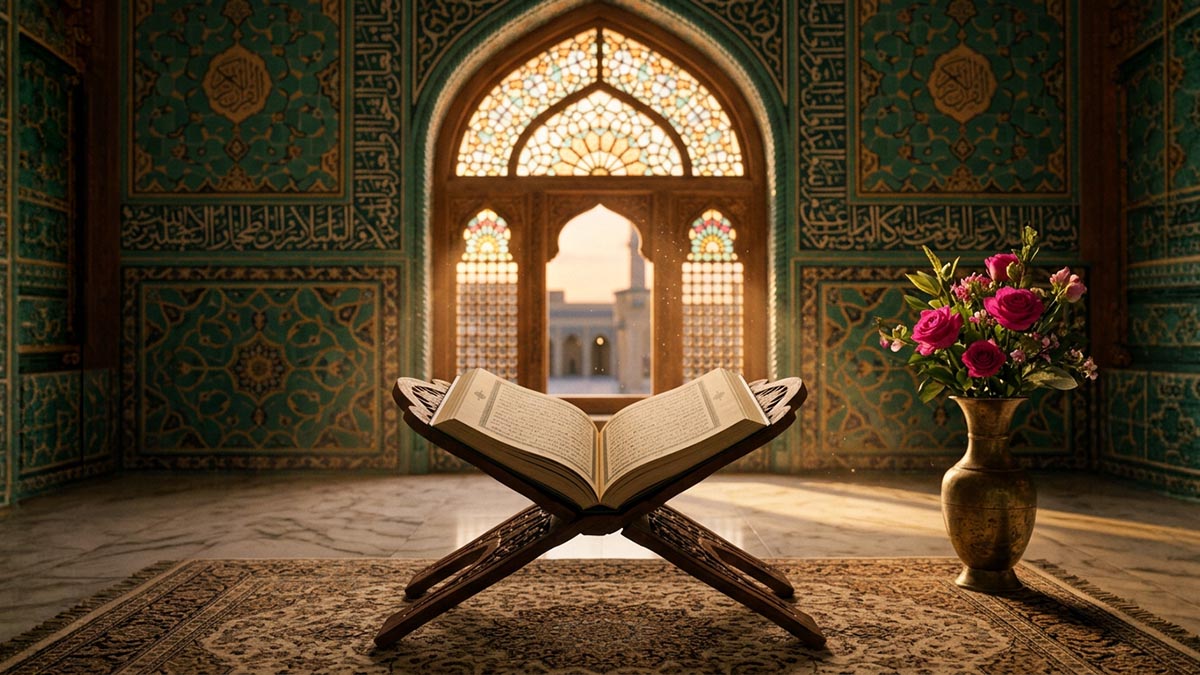 An open Quran on a carved wooden stand in a sunlit mosque interior, evoking the meaning of Bismillah.