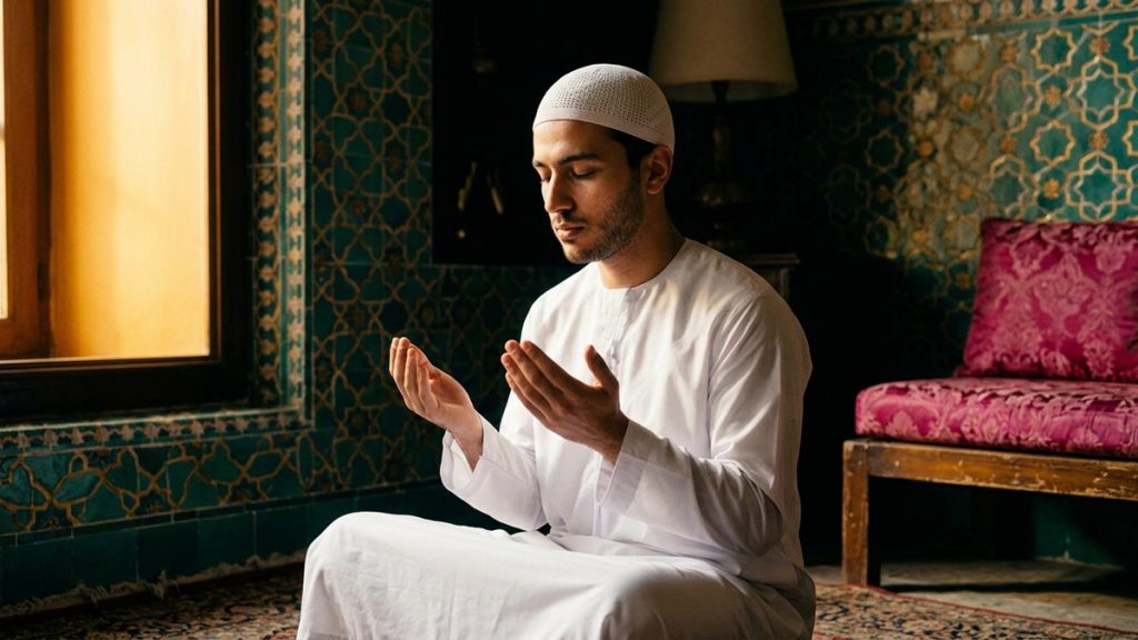 A young Muslim man raising his hands to begin a prayer with Bismillah.