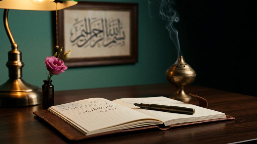 A pen, notebook and framed Arabic calligraphy on a desk, representing the words of Bismillah.