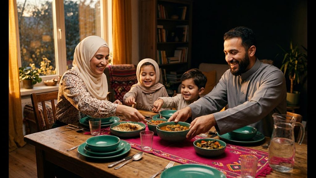 A Muslim family gathering to share a meal, an everyday moment for saying Bismillah.
