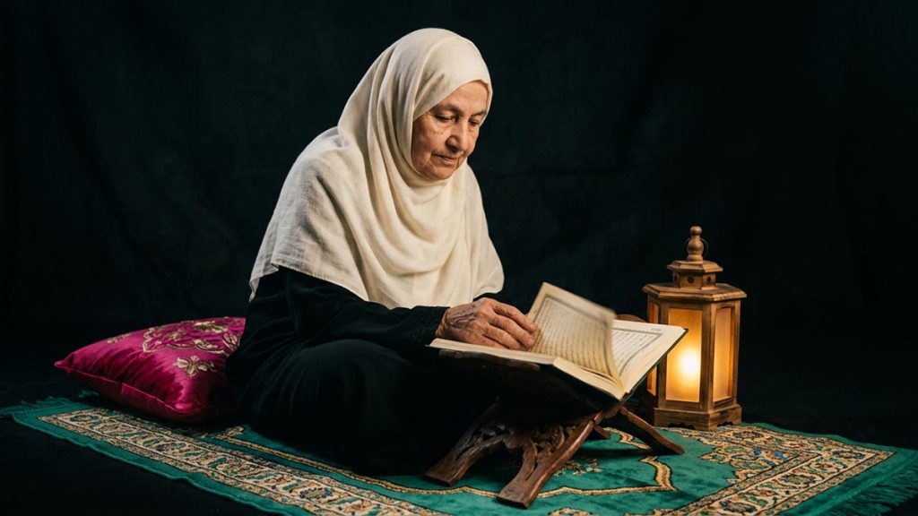 An elderly Muslim woman turning the pages of the Quran, where Bismillah opens nearly every chapter.