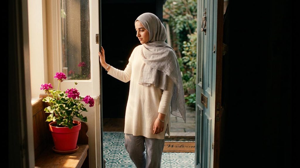 A Muslim woman pausing at her doorway in morning light, reflecting how Bismillah runs through daily life.