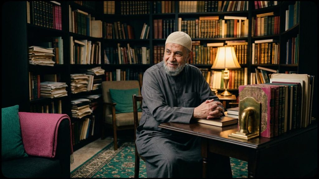 A Muslim man, a wise and gentle expression, seated among books in a warmly lit study, illustrating Hafizahullah.