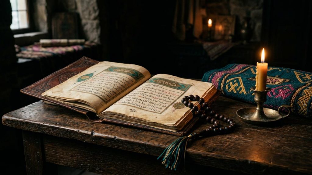A still life of an aged open manuscript, prayer beads and a candle on a wooden desk, reflecting the meaning of Hafizahullah.