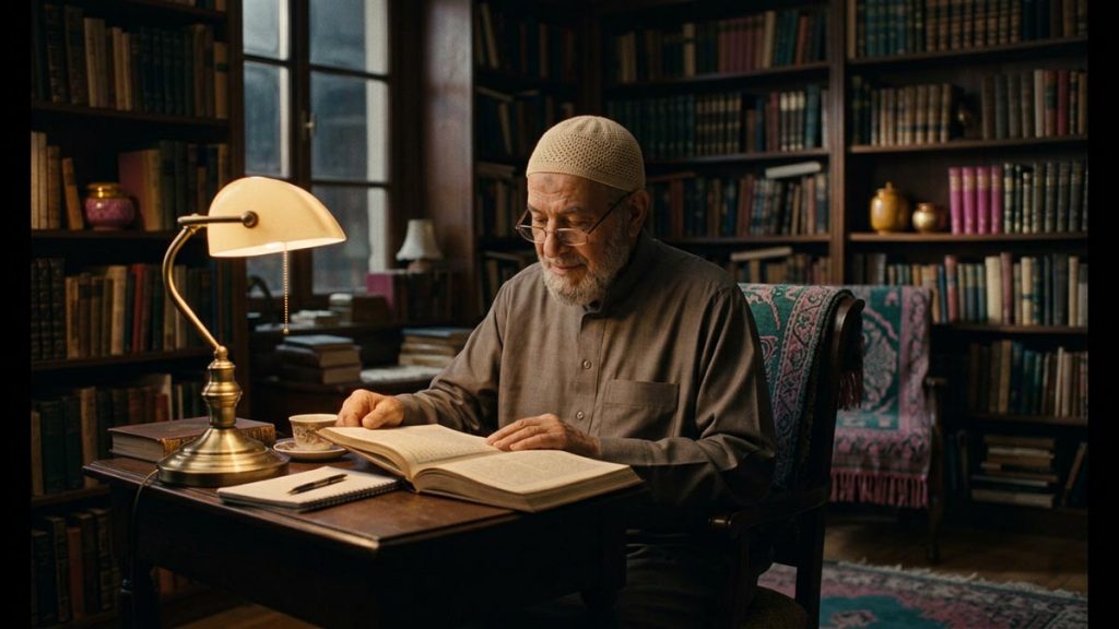 An elderly Muslim teacher reading thoughtfully by lamplight in a book-lined room, evoking Hafizahullah.