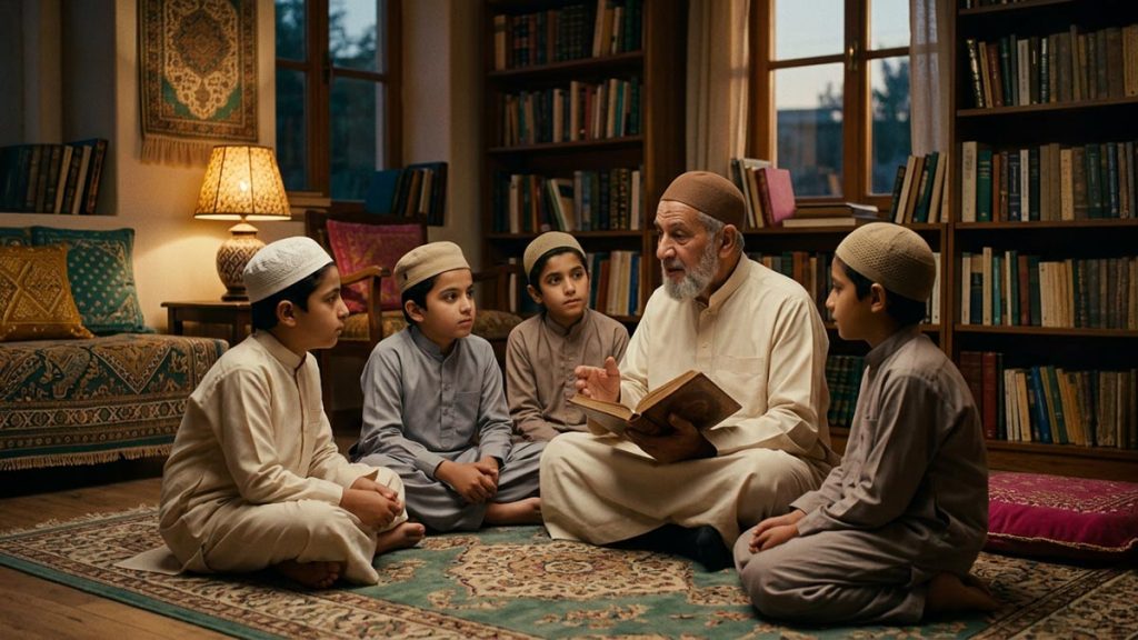 Students listening intently to a learned elder in a warm, book-filled room, capturing the spirit of Hafizahullah.