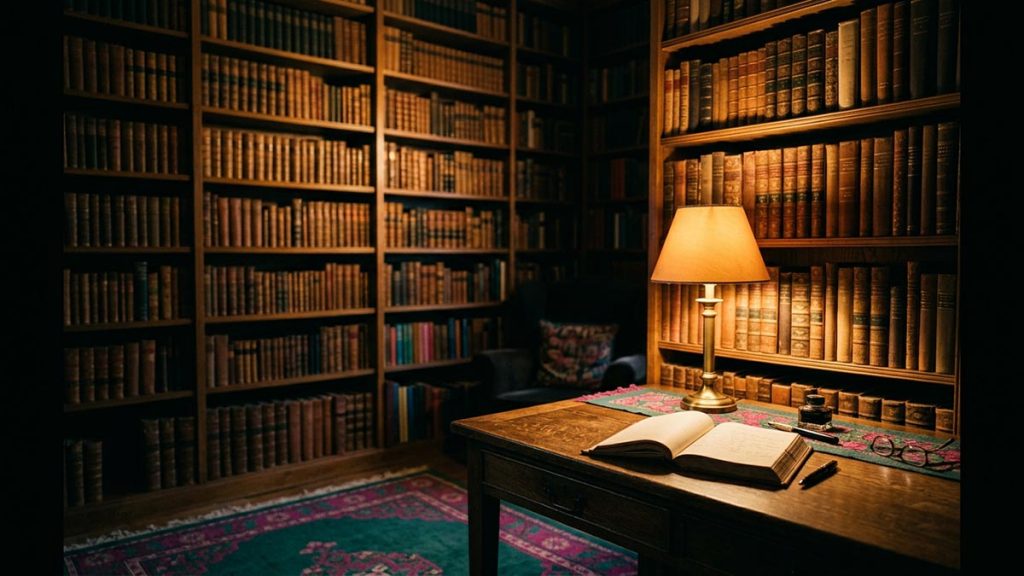 Tall shelves of leather-bound books beside a soft desk lamp, scholarly and quiet, no people, reflecting Hafizahullah.