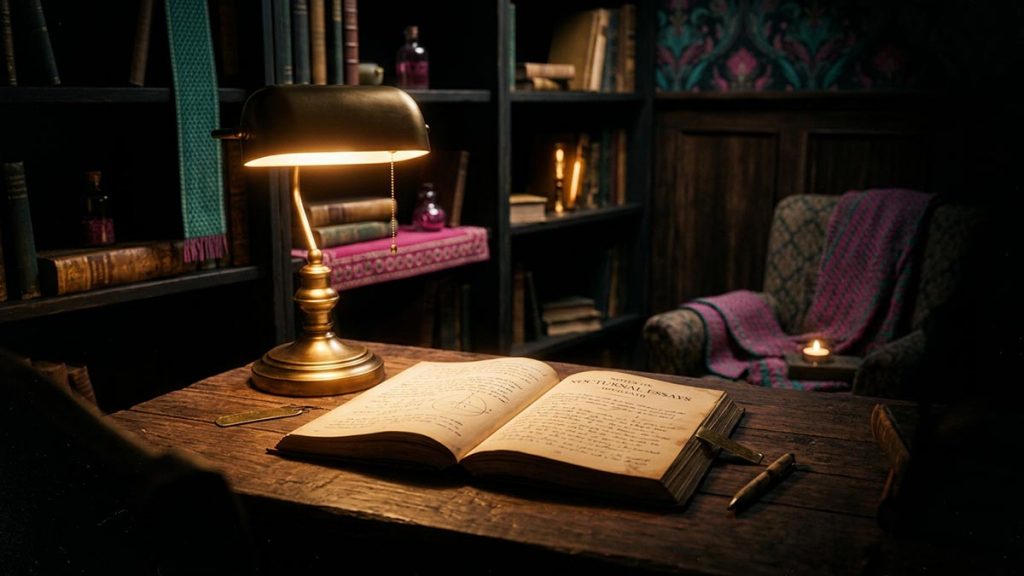 A single lamp glowing warmly over an open book in a peaceful study, evoking the meaning of Hafizahullah.