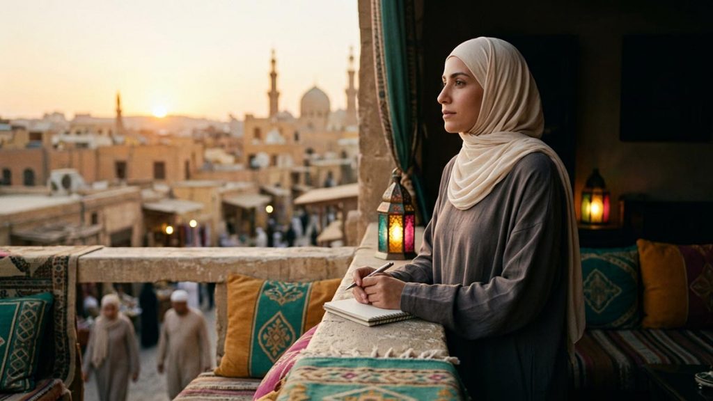 A Muslim woman, looking thoughtfully toward the horizon while planning ahead, in warm morning light, illustrating InshaAllah.