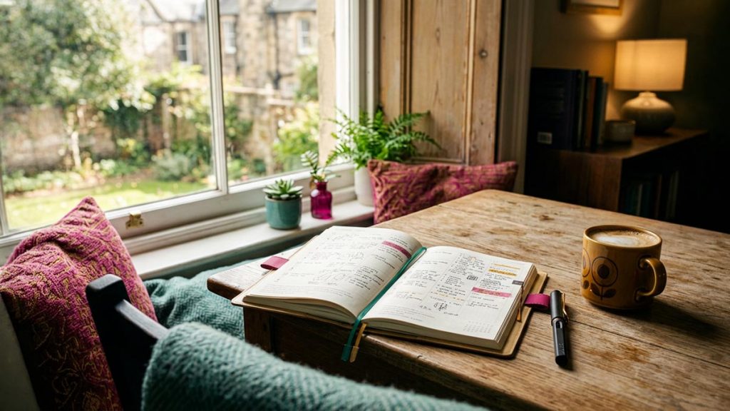 A still life of an open planner, a pen and a cup of coffee on a desk by a sunlit window, reflecting the meaning of InshaAllah.