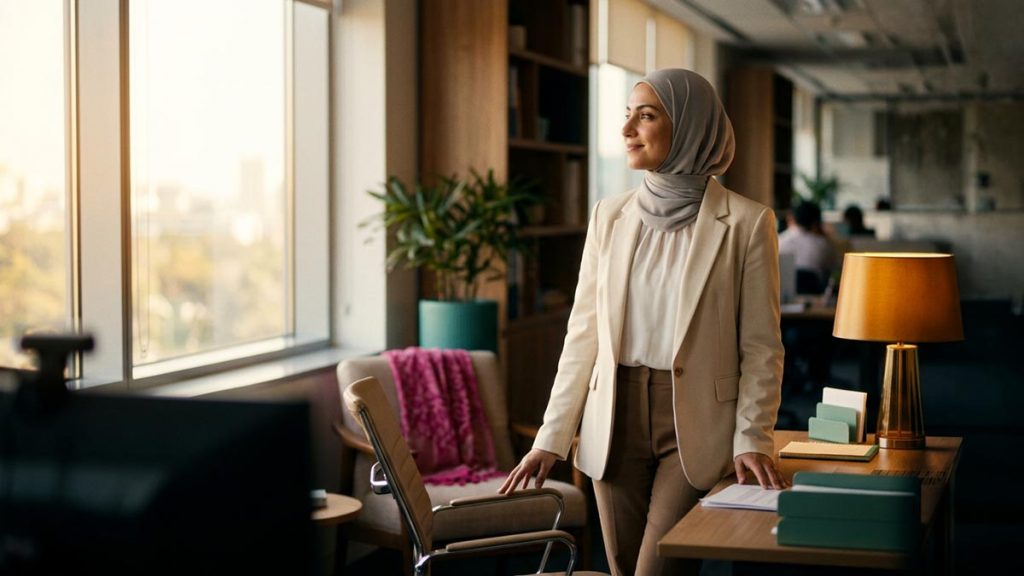 A Muslim professional pausing hopefully at a desk, looking out toward a bright window, a visual for InshaAllah.