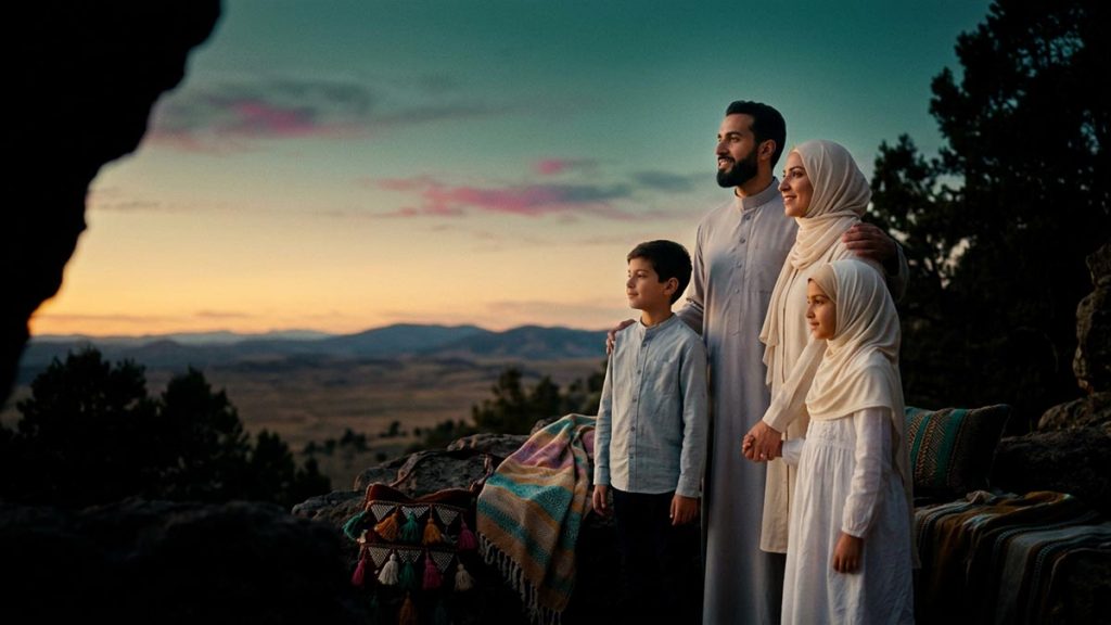 A family looking ahead together at a horizon or open landscape, hopeful and calm, capturing the spirit of InshaAllah.