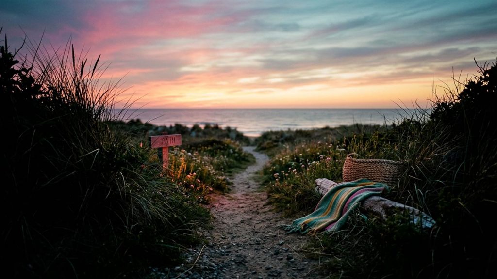 A calm horizon at dawn with a single path leading forward, quiet and hopeful, no people, reflecting InshaAllah.
