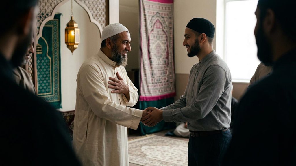 A grateful Muslim man warmly thanking another with a hand over the heart, both smiling in soft daylight, illustrating JazakAllahu Khayran.