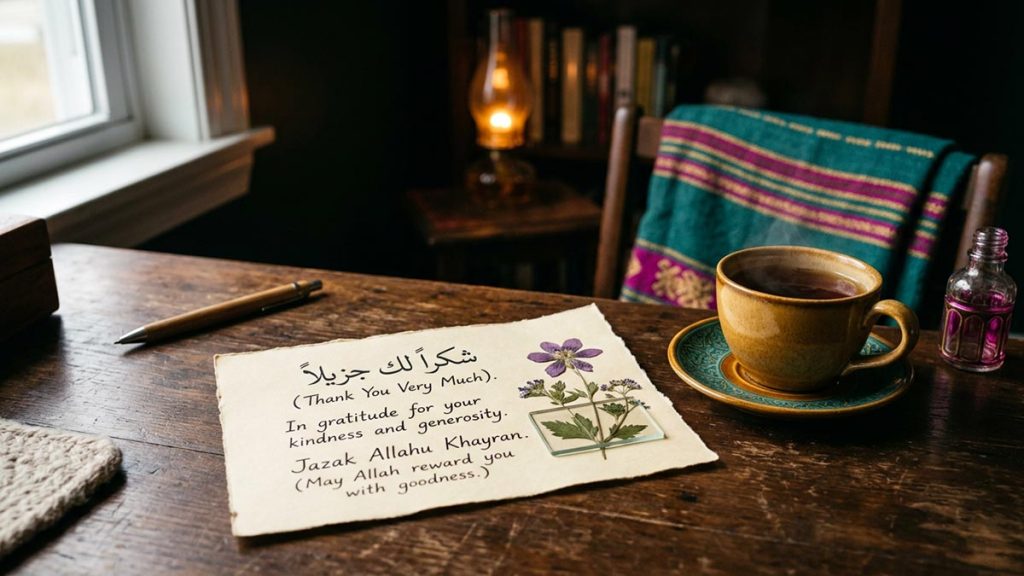 A close-up of a handwritten thank-you note, a pressed flower and a cup of tea on a desk, reflecting the meaning of JazakAllahu Khayran.