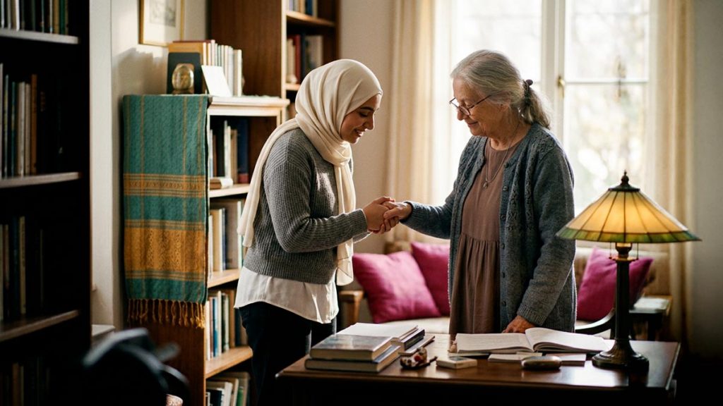 A Muslim student gratefully thanking an elder teacher who has helped them, in a sunlit study, a visual for JazakAllahu Khayran.