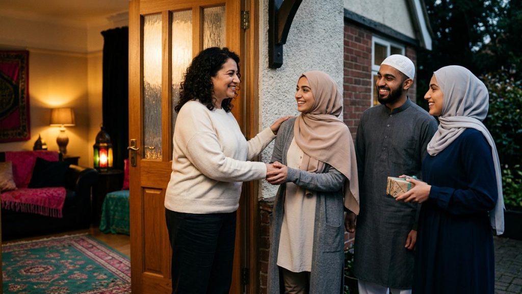 Friends warmly thanking a host at the end of a shared gathering, exchanging smiles at the door, capturing the spirit of JazakAllahu Khayran.