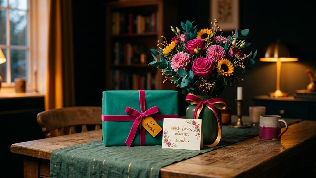 A still life of a gift, a bunch of flowers and a card arranged warmly on a table, no people, reflecting JazakAllahu Khayran.