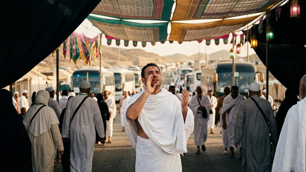 A Muslim pilgrim in white ihram raising the voice in the Talbiyah, a hand cupped near the mouth, on the road to Makkah, illustrating Labbaik Allahumma Labbaik.