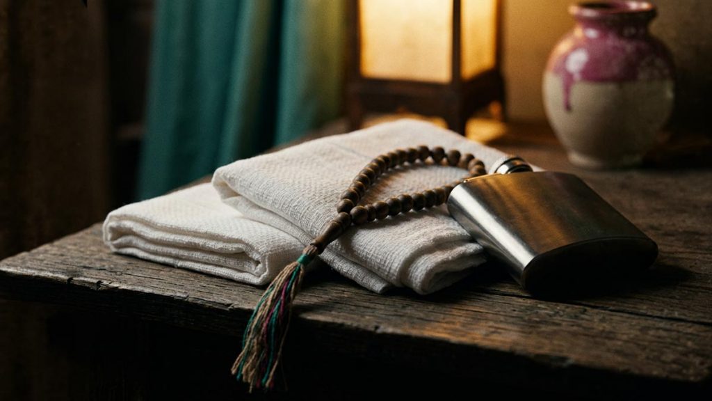 A still life of two folded white ihram cloths, a water flask and prayer beads on a wooden surface, reflecting the meaning of Labbaik Allahumma Labbaik.