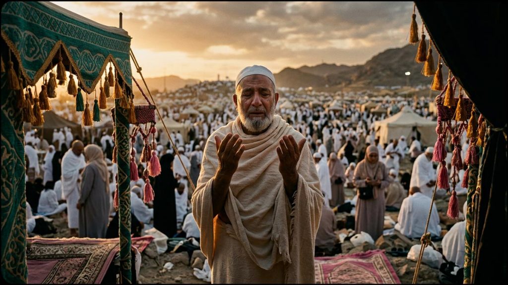 A pilgrim raising their hands in heartfelt du'a on the plain of Arafah at golden hour, evoking Labbaik Allahumma Labbaik.