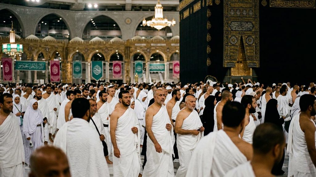 Pilgrims in white ihram moving together in devotion around the Grand Mosque, a visual for Labbaik Allahumma Labbaik.