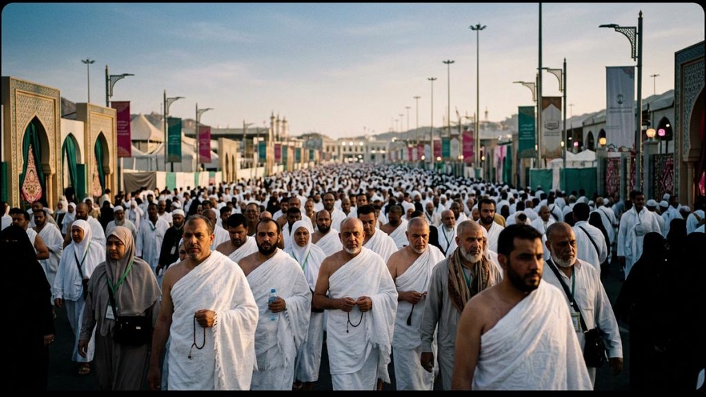 A vast gathering of pilgrims in white streaming toward the sacred sites under a wide sky, capturing the spirit of Labbaik Allahumma Labbaik.