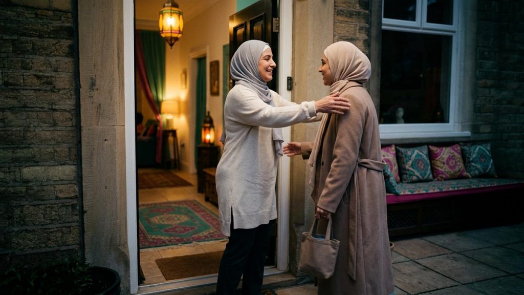 A smiling Muslim woman welcoming a guest with open arms at the threshold of a warmly lit home, illustrating Marhaban.