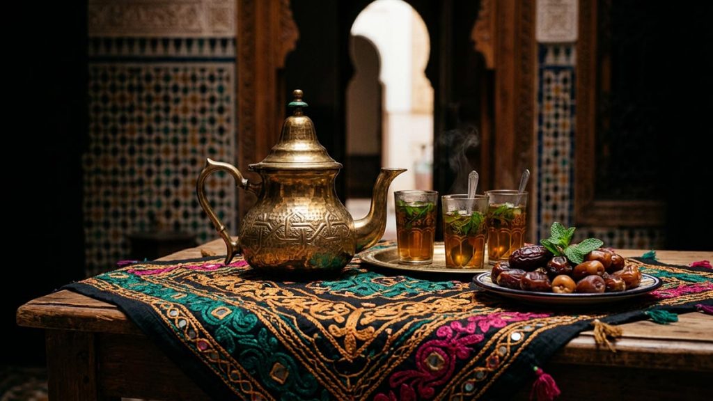A still life of a brass teapot, small glasses of mint tea and a plate of dates on an embroidered cloth, reflecting the meaning of Marhaban.