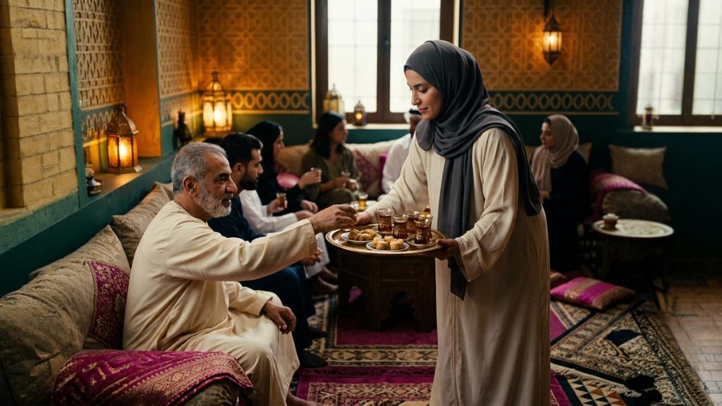 A Muslim woman in a hijab offering a tray of tea and sweets to seated guests in a cosy majlis, a visual for Marhaban.