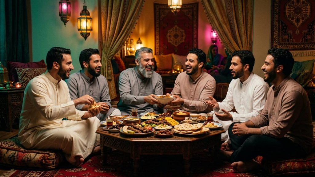 Friends gathered on floor cushions around a low table laden with food, laughing and sharing a warm meal, capturing the spirit of Marhaban.