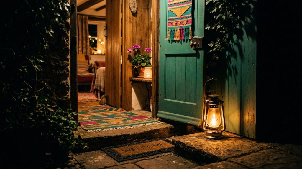 A warmly glowing lantern beside an open door, light spilling onto a welcoming threshold, evoking the meaning of Marhaban.