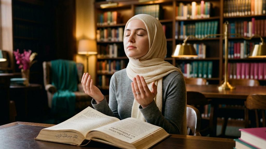 A Muslim student making heartfelt du'a for knowledge with a hand resting on an open book, in a warmly lit library, illustrating Rabbi Zidni Ilma.