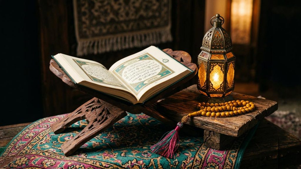A still life of an open Quran, a lantern and prayer beads resting on a wooden stand in soft light, reflecting the meaning of Rabbi Zidni Ilma.