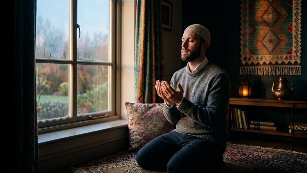 A Muslim woman in a hijab making quiet du'a at dawn, hands cupped, by a softly lit window, a visual for Rabbi Zidni Ilma.
