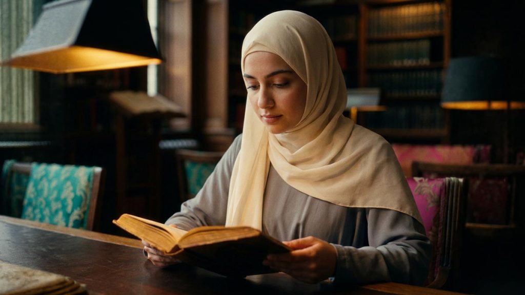 A Muslim woman, a respectful and thoughtful expression, holding an old book in a softly lit library, illustrating Radiyallahu Anha.