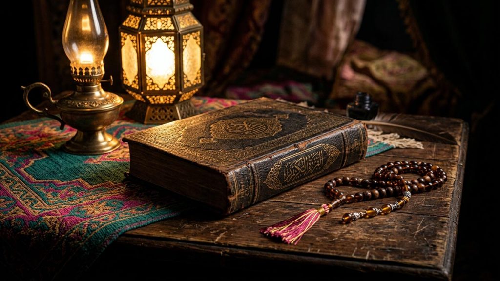 A still life of an aged leather-bound book, prayer beads and a brass lamp on a wooden desk, reflecting the meaning of Radiyallahu Anha.