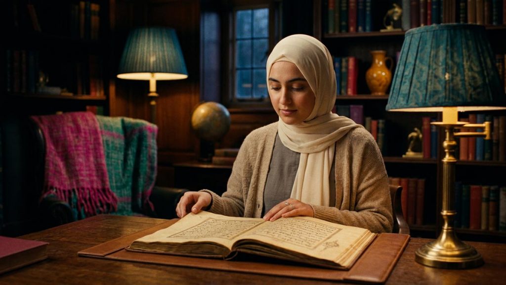 A young student reading an old manuscript with reverence in a warmly lit study, evoking Radiyallahu Anha.