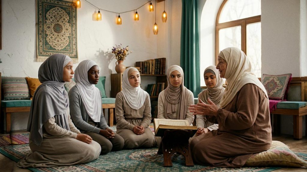 Students gathered respectfully around an elder teacher recounting cherished history in a bright room, a visual for Radiyallahu Anha.
