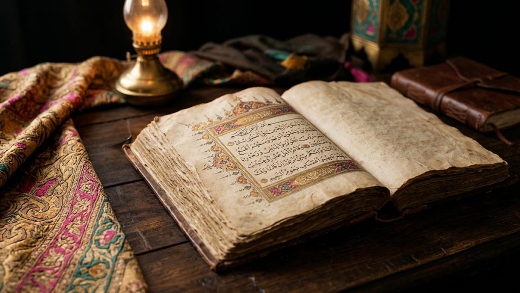 Warm light falling gently across the pages of an ancient open book, evoking the meaning of Radiyallahu Anha.