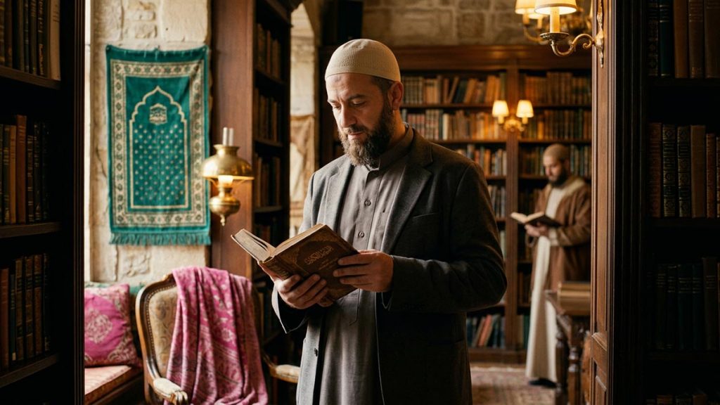 A Muslim man, a respectful and thoughtful expression, holding an old book in a softly lit library, illustrating Radiyallahu Anhu.