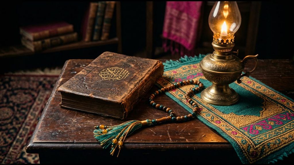 A still life of an aged leather-bound book, prayer beads and a brass lamp on a wooden desk, reflecting the meaning of Radiyallahu Anhu.