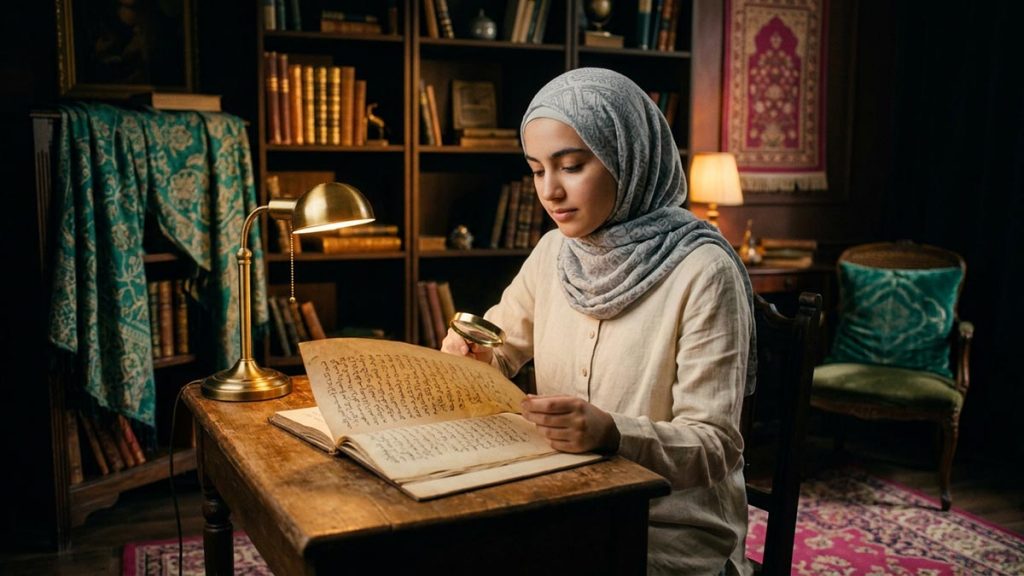 A young student reading an old manuscript with reverence in a warmly lit study, evoking Radiyallahu Anhu.